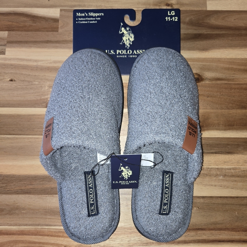 U.S. Polo Assn. Men's Gray Slip-On Slippers Cushion Comfort Synthetic Size 11-12
